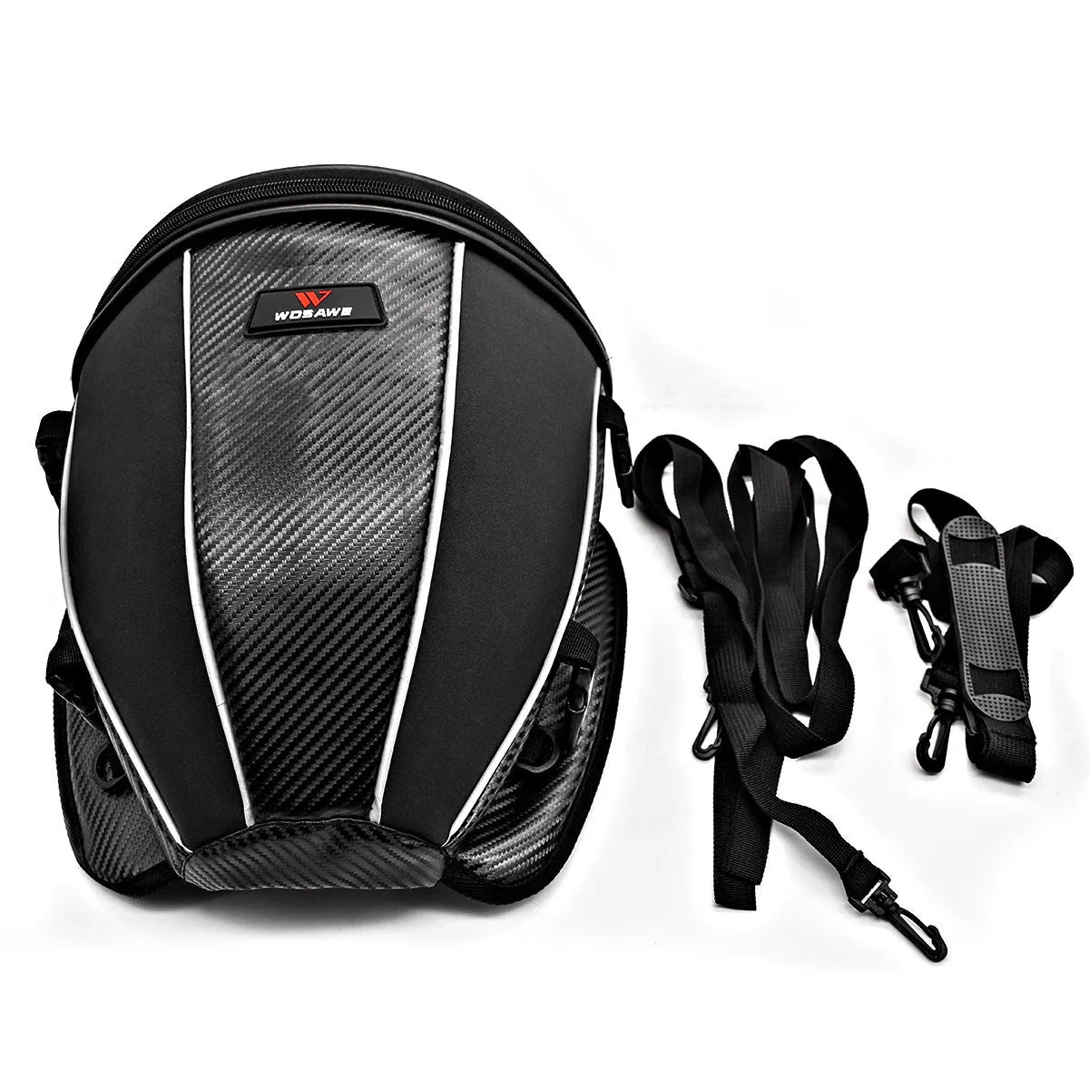 Black motorcycle seat bag with reflective strips, showing multiple pockets and an adjustable shoulder strap.