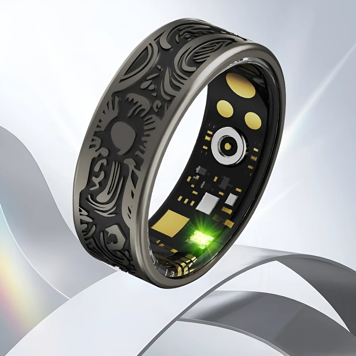 Retro black smart ring with stainless steel finish for heart rate and blood pressure monitoring
