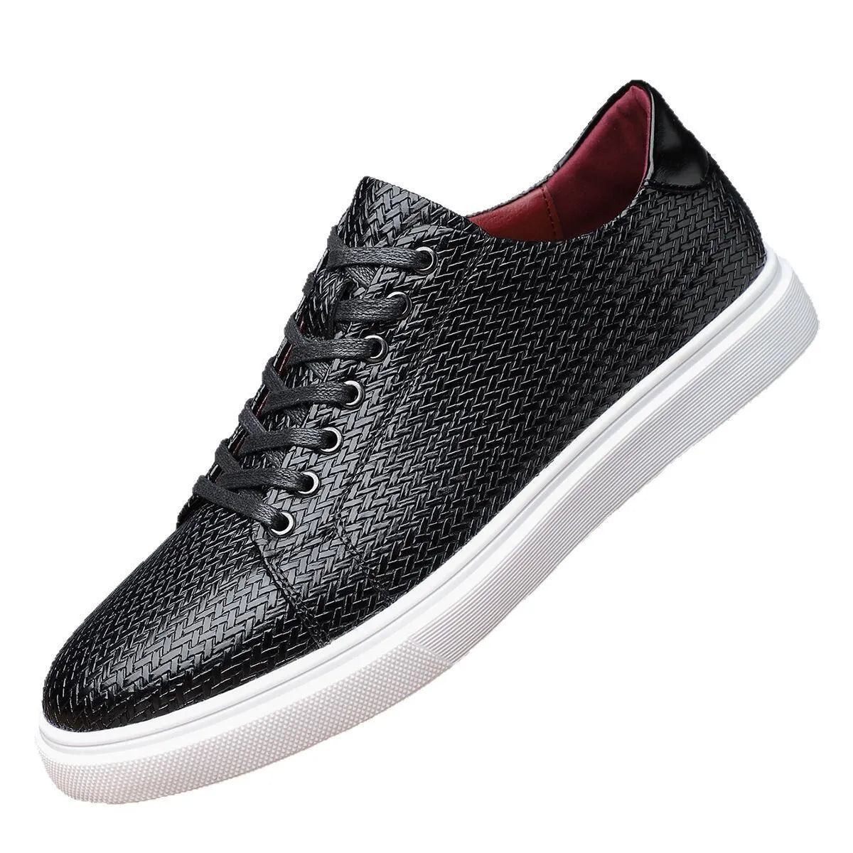 Men's black low-top leather business shoes with stitched detailing and a rubber sole.