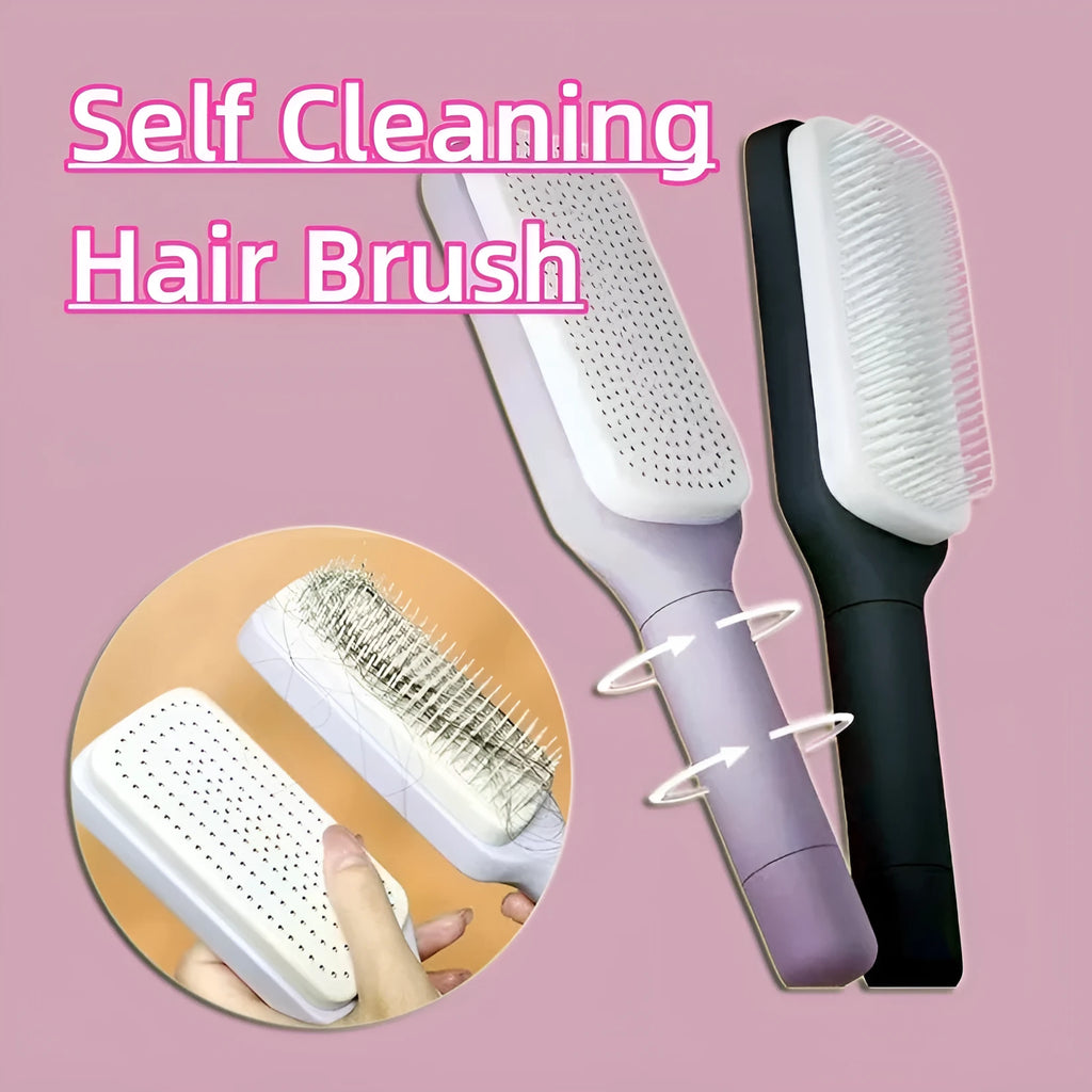 Roland purple self-cleaning hairbrush with rotating handle and anti-static massage teeth