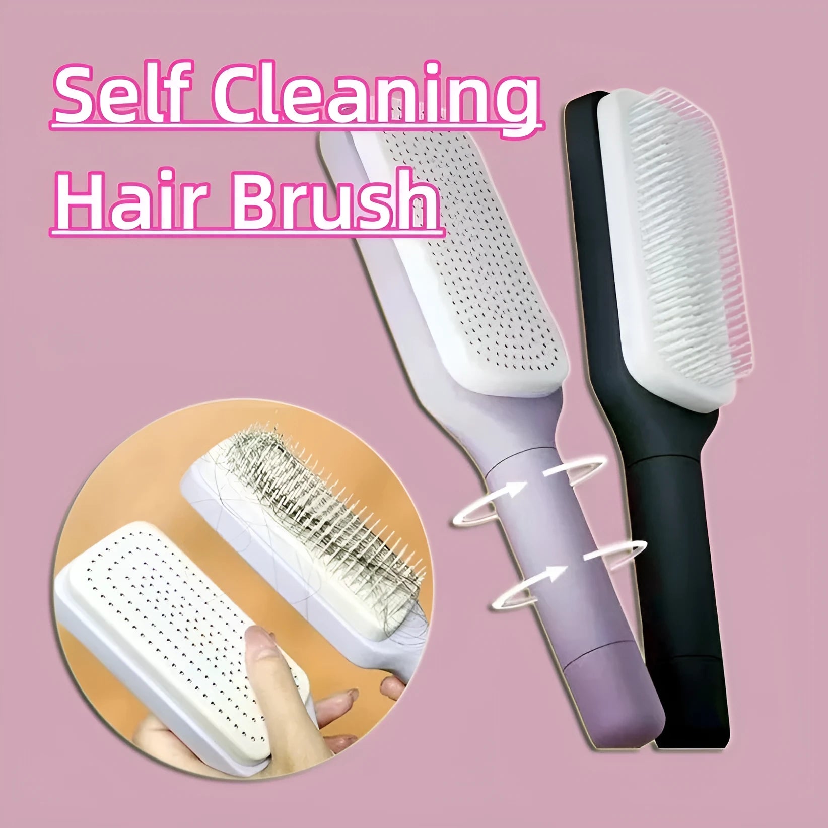 Roland purple self-cleaning hairbrush with rotating handle and anti-static massage teeth