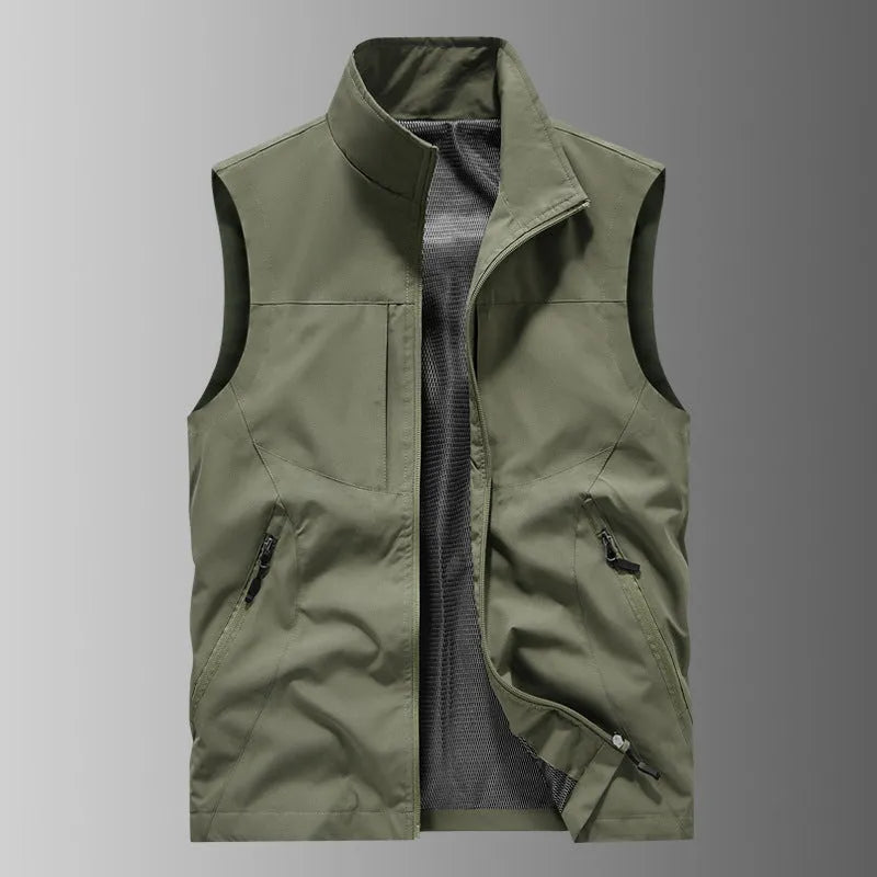 Men's casual stand collar printed vest in army green polyester loose fit
