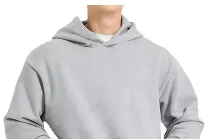 Men's grey fleece-lined cotton hoodie sweater with wool lining, showing pullover design with hood
