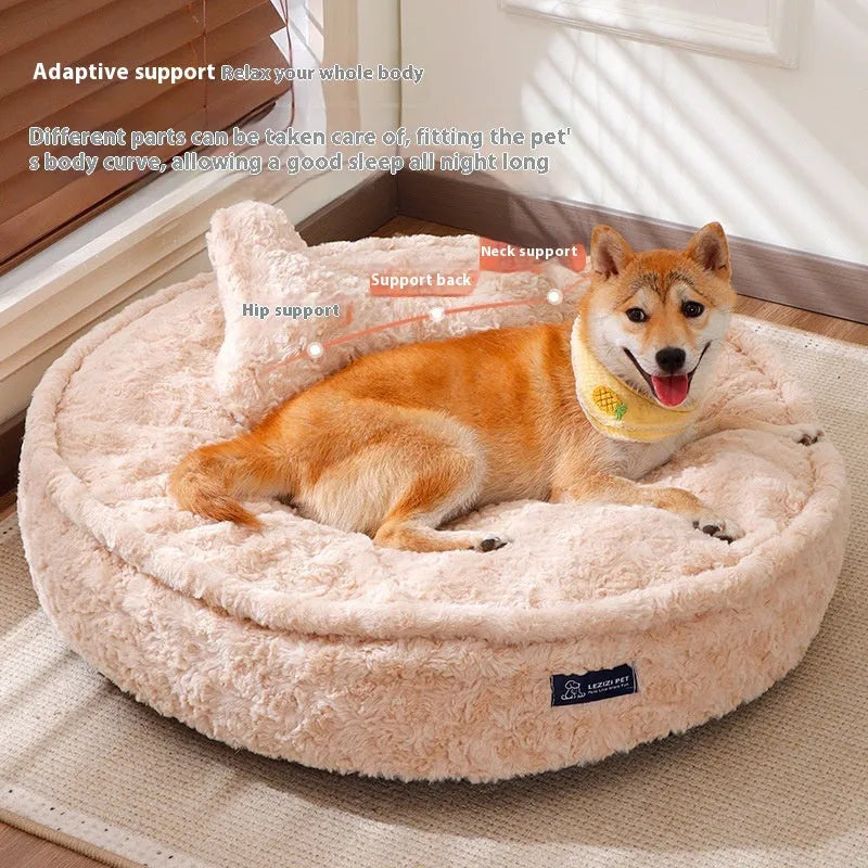 Round nest pet bed with removable cloth cover in milk tea colour, shown in various sizes.