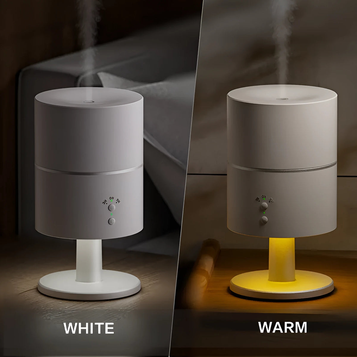Desk lamp humidifier with silent night light and ultrasonic function in black finish, showing timer control and mist outlet