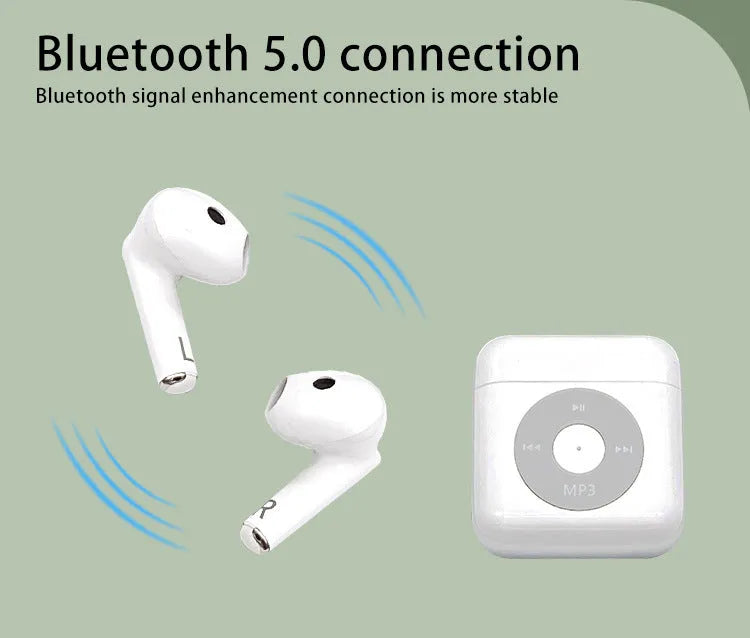White wireless Bluetooth earphones with a semi-in-ear design and a matching charging case on a clean background.