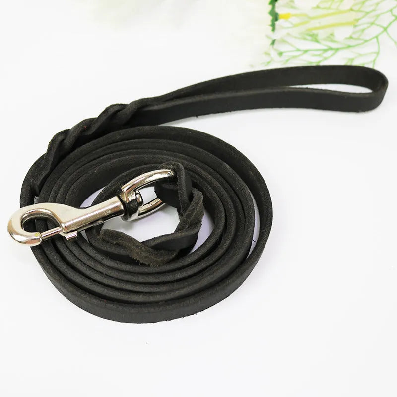 Thickened cowhide dog walking rope in light brown and black colours with multiple length options