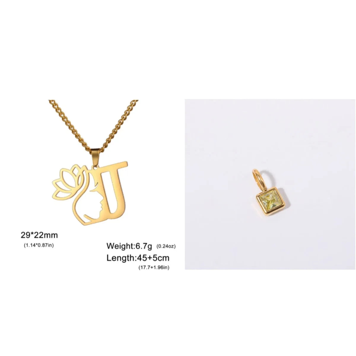 Stainless steel necklace with cross chain and a single initial pendant in a gold or silver finish.