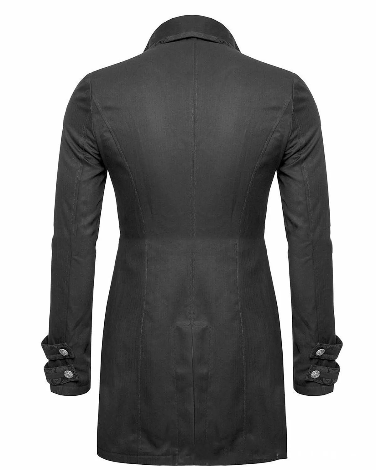 Black Victorian morning gown cosplay jacket with gothic styling for historical reenactment
