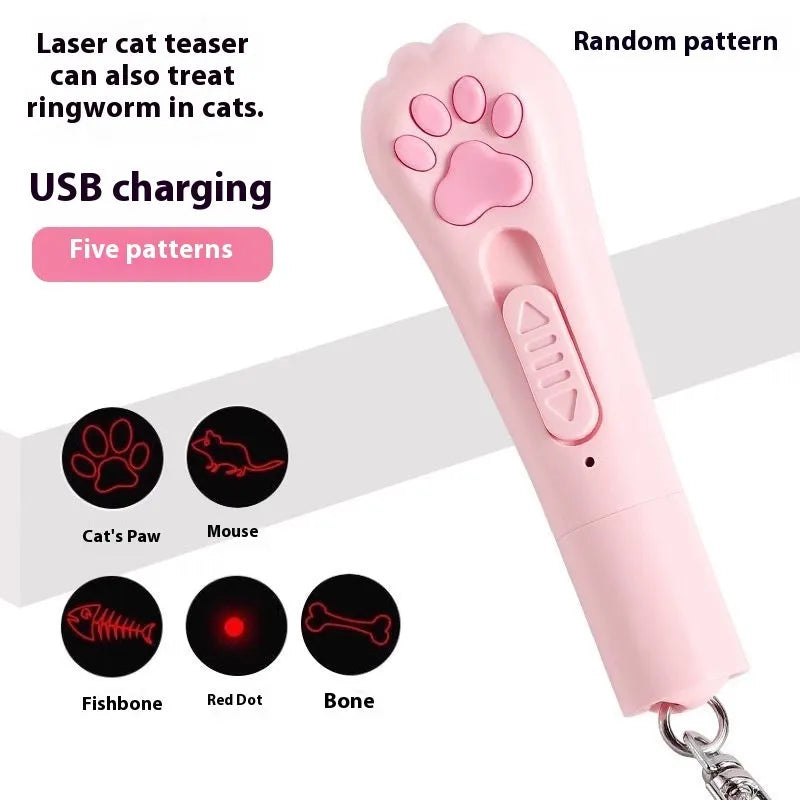 USB-rechargeable cat teaser wand with LED light and colourful feather in sky blue colour