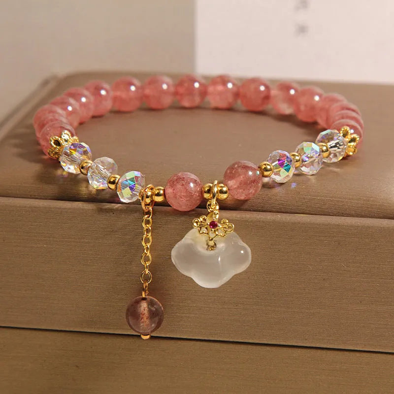 Women's strawberry quartz and white agate crystal bracelet with auspicious cloud design