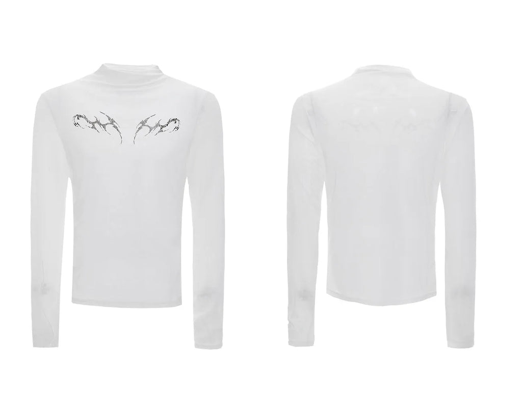 Slim-fit long-sleeved mesh shirt in black, shown as a base layer for athletic wear.