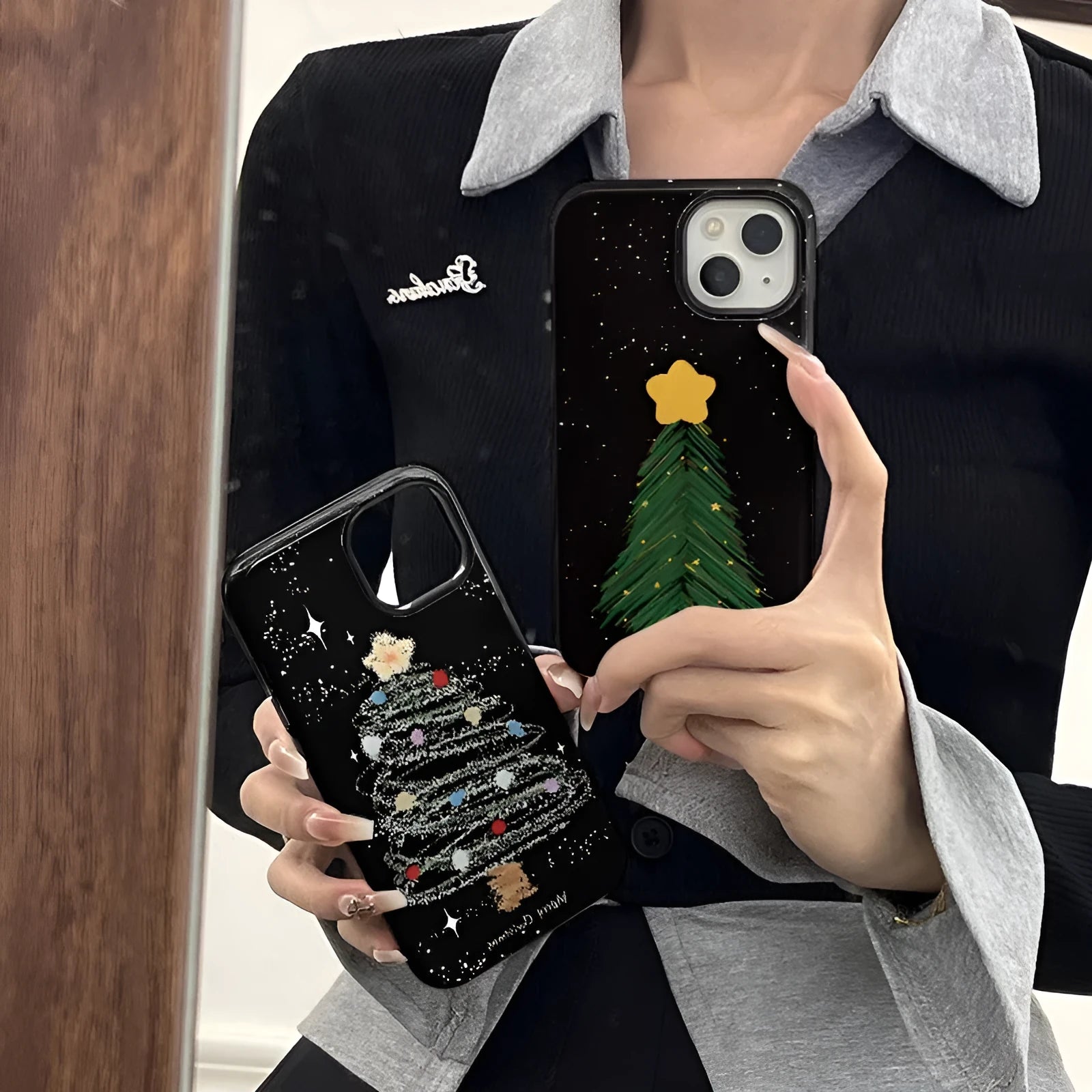 Soft two-in-one mobile phone case with fall protection, Feilin material, for iPhone, Christmas tree pattern
