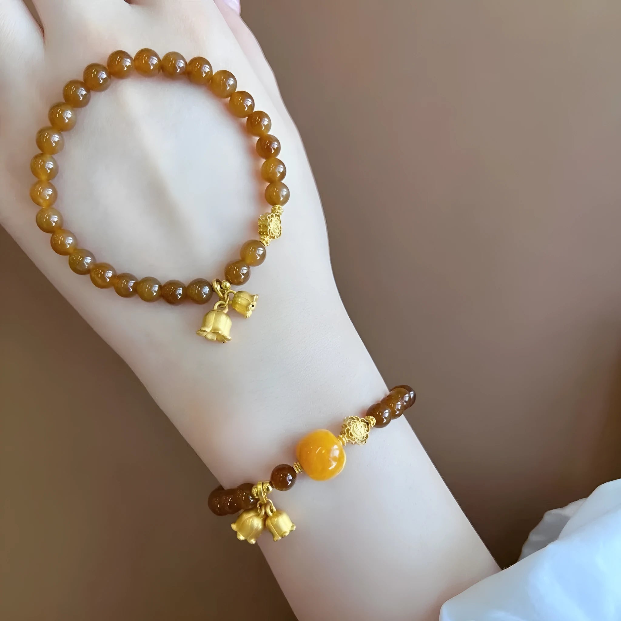 Women's caramel beeswax coloured Lily flower bracelet with electroplated finish
