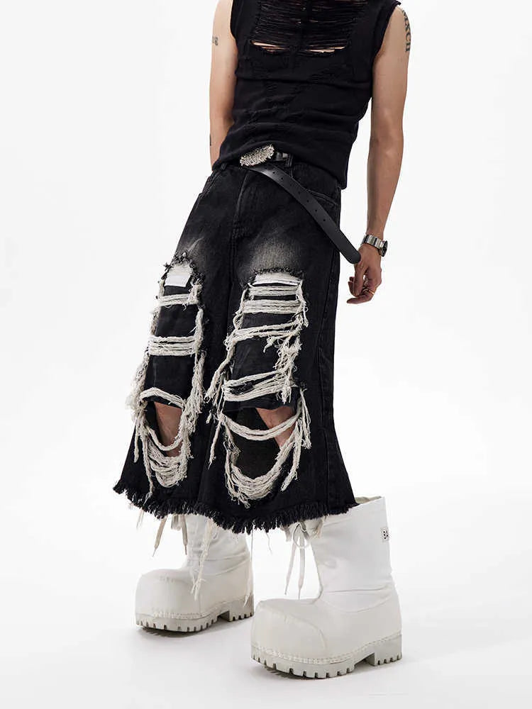 Cropped wide leg jeans mid-high waist black cotton denim ripped patch loose fit