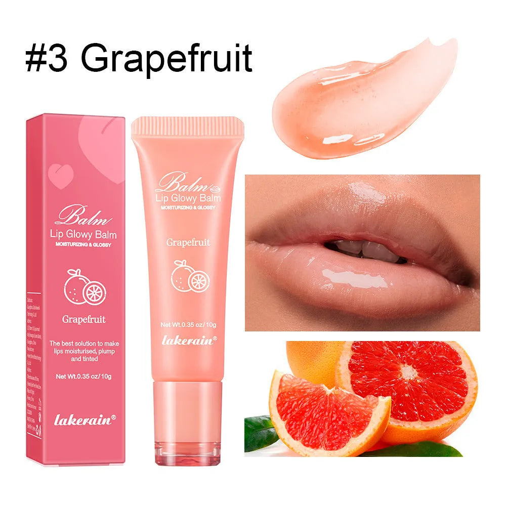 Women's lip gloss tube in one of four fruity flavours: yellow peach, berry, grapefruit, or grape.