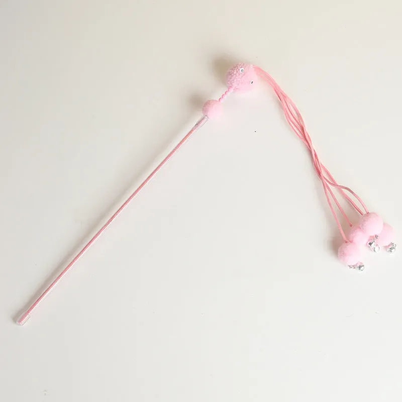 Blue cat toy stick with elastic cord and feather tassel for interactive play