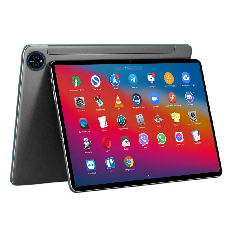 10-inch bare metal blue tablet PC on a desk with charger, USB cable, and screen protector.