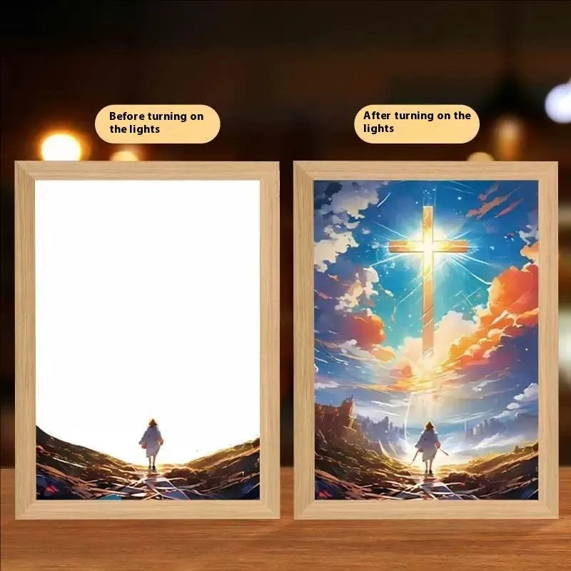 Handmade rectangular LED light painting photo frame showing a spiritual cross design, with USB cable.
