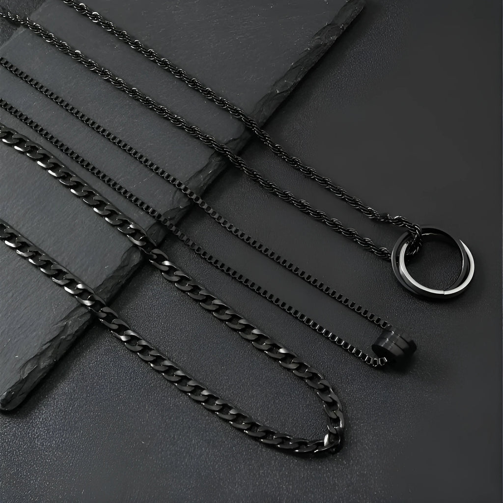 Black three-piece men's hip hop necklace set with cylindrical titanium steel ring pendant