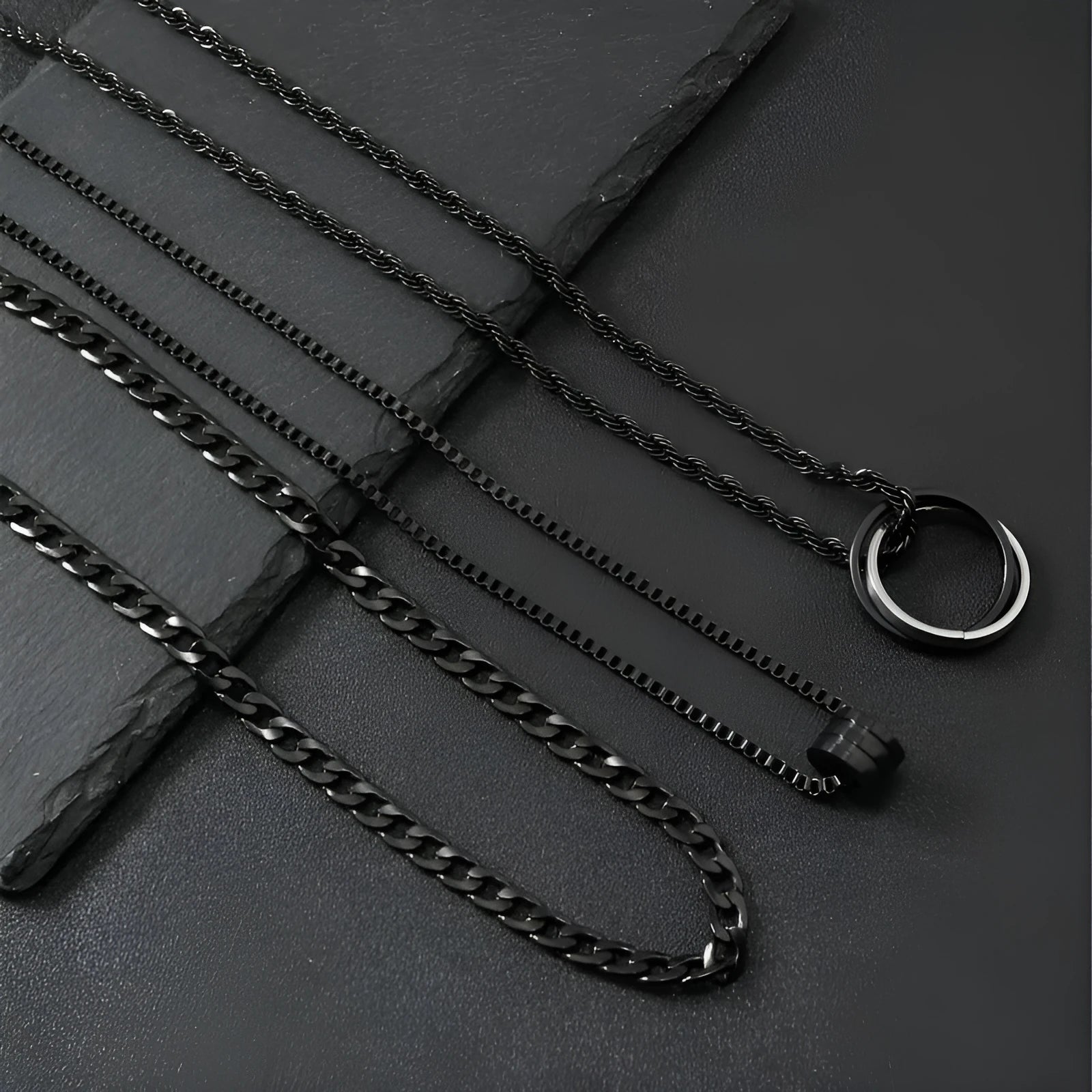 Black three-piece men's hip hop necklace set with cylindrical titanium steel ring pendant