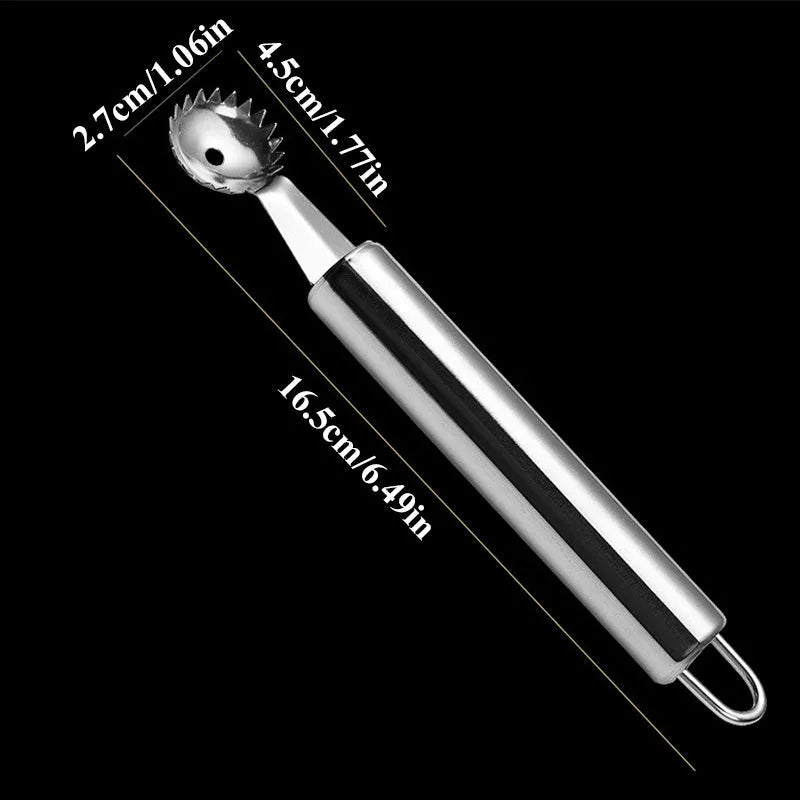 410 stainless steel strawberry stem remover on a light background, showing handheld design