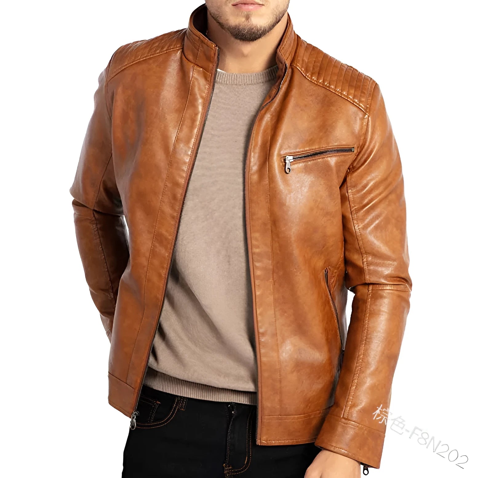 Men's brown artificial leather punk motorcycle jacket with a stand collar and straight hem