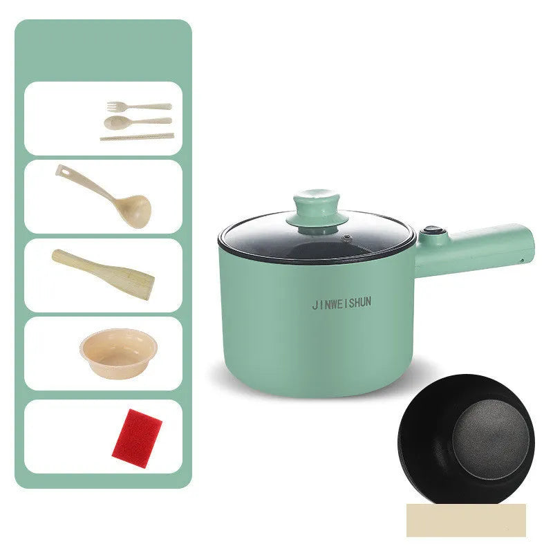 White, green, and khaki mini electric hot pot with non-stick interior and control panel.