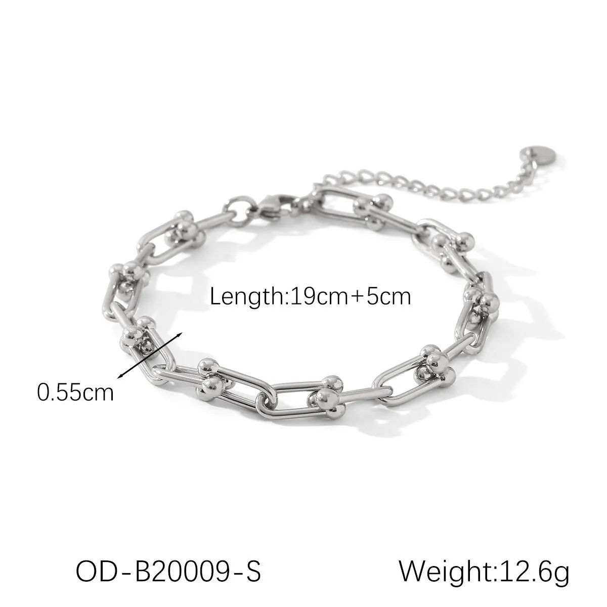 Stainless steel horseshoe charm jewellery set showing necklace, bracelet, and earrings with titanium steel pendants on a regular chain.