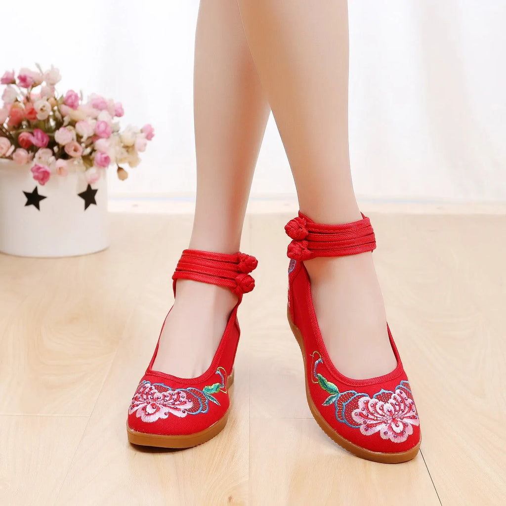 Women's rhinestone ethnic pattern double buckle canvas high heels flat heel round toe beige colour