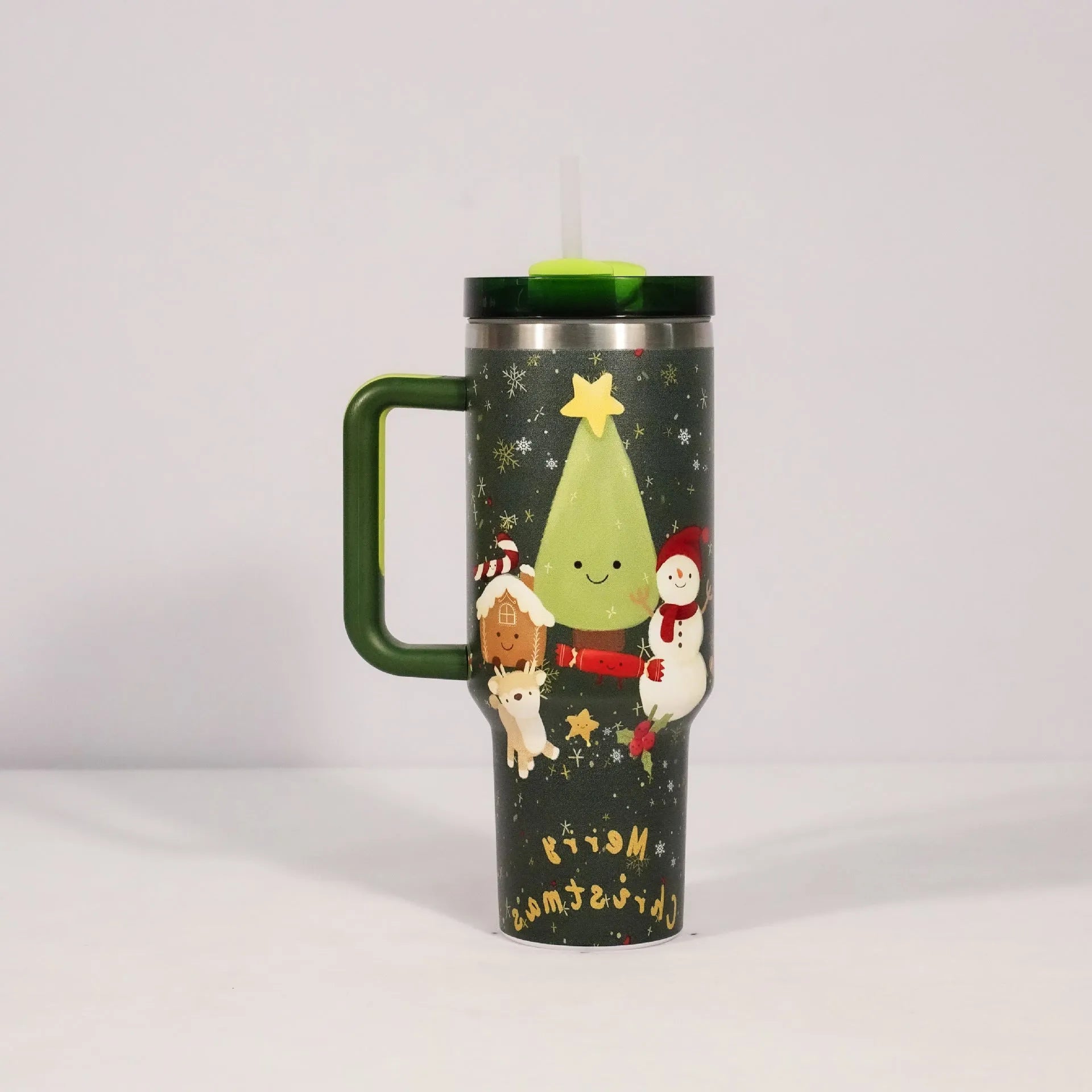 Christmas pattern stainless steel vacuum tumbler with handle, lid and straw - 1200ml capacity travel cup