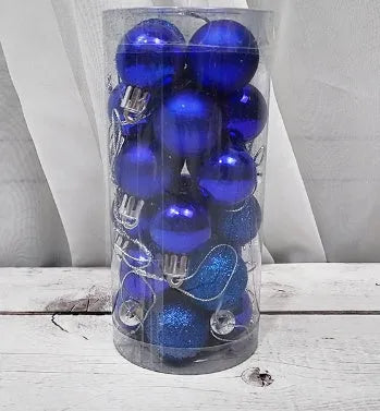 Assortment of 3cm shiny matte Christmas ball decorations in gold, red, silver, blue, and pink colours.
