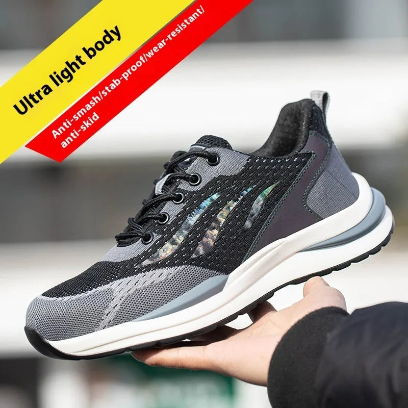 Men's black and grey low-top safety shoes with plastic toe cap, lace-up front, and textured PU sole.