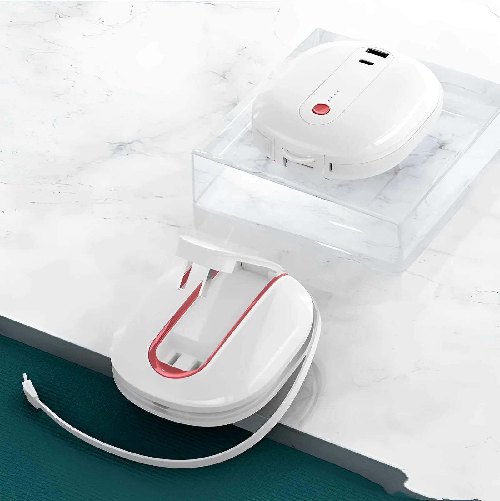 White portable power bank with folding UK plug showing 10000mAh capacity label