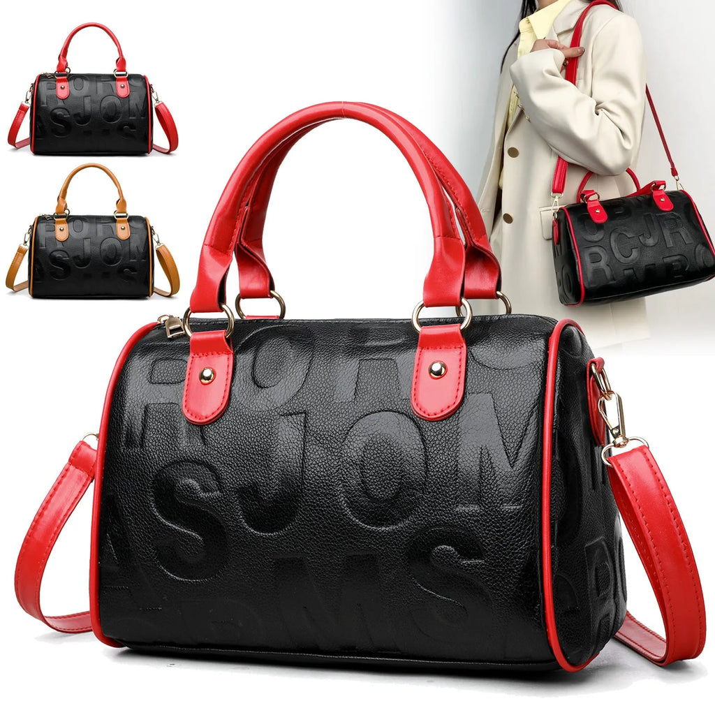 Brown cylindrical PU crossbody bag with a leather-like texture and three shoulder straps.