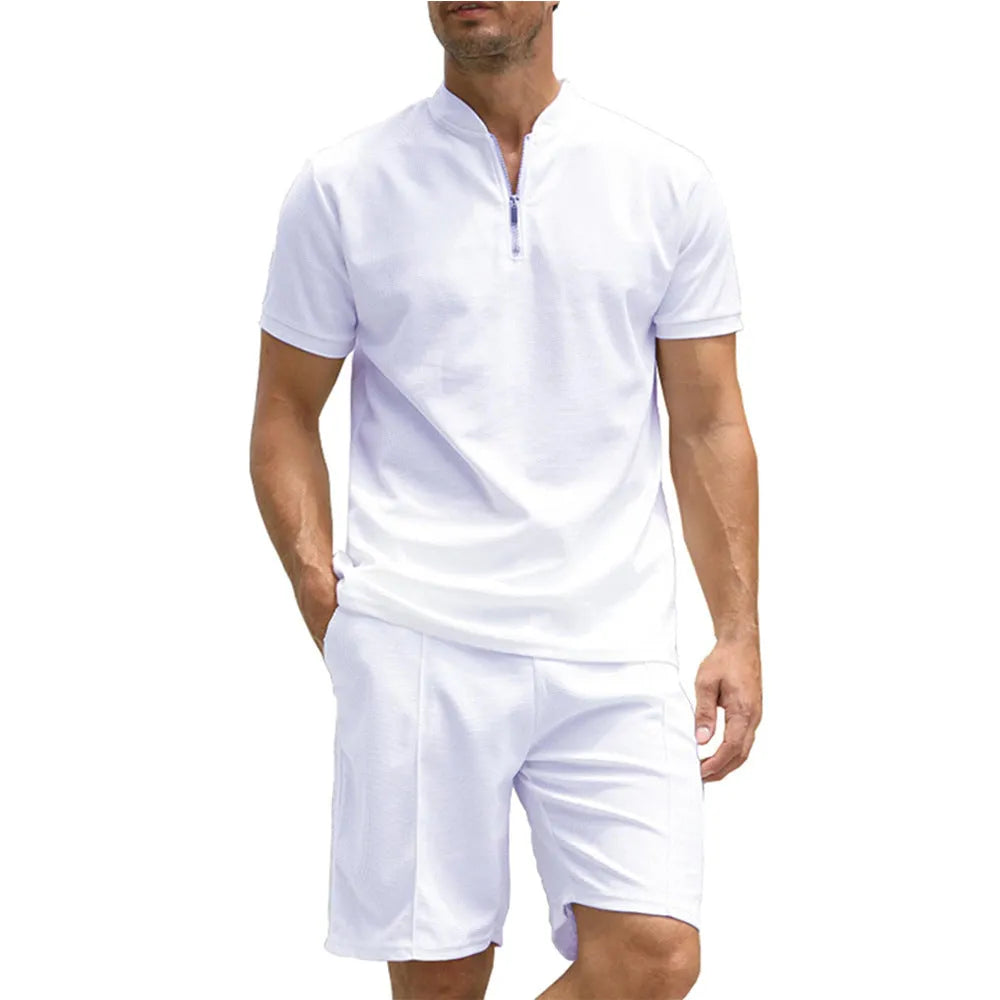 Men's solid colour polo shirt and trousers two-piece set in polyester fabric