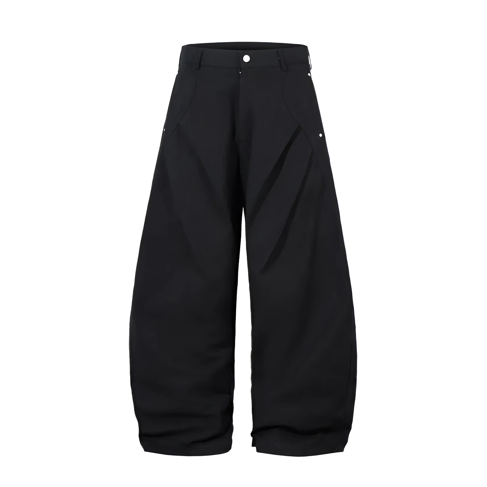 Black men's pleated casual trousers with a loose wide-leg fit on a hanger