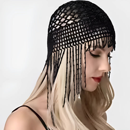 Handmade beaded belly dance hat ornament with tassels in silver or black mesh decoration
