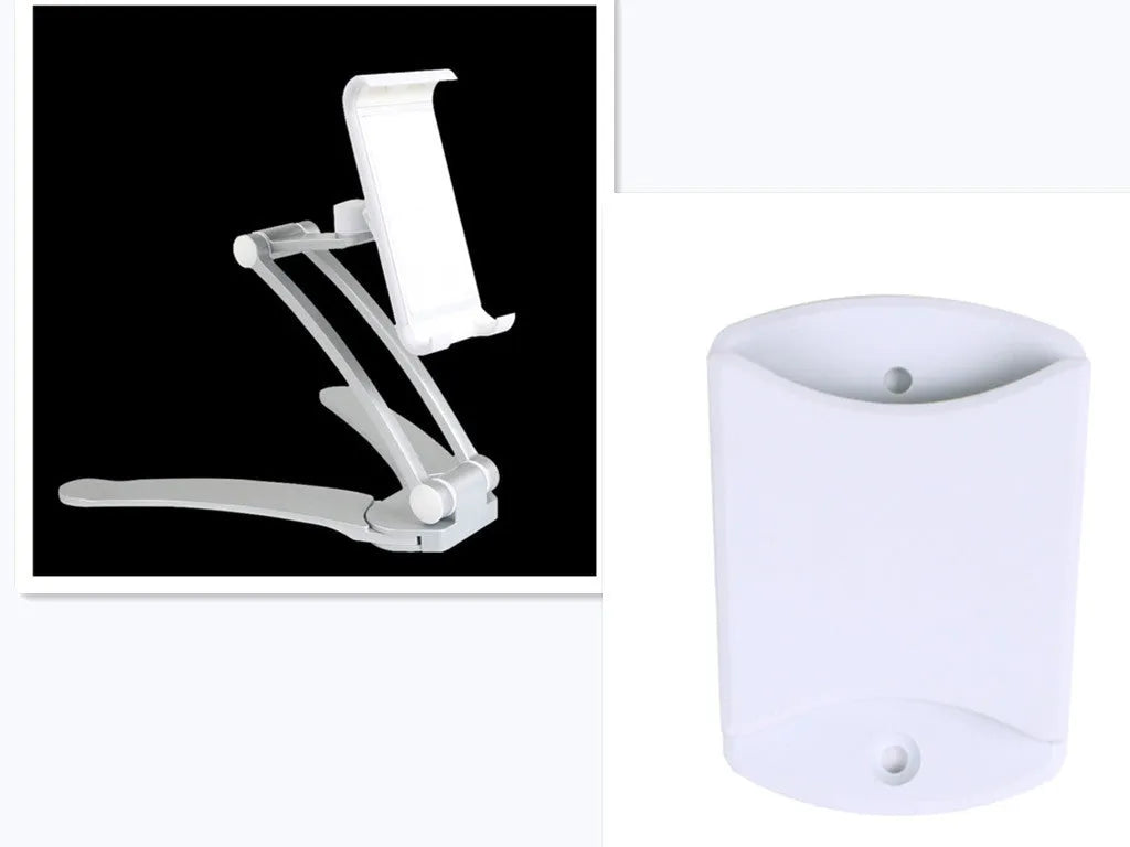 Silver aluminium alloy desktop tablet stand with adjustable holder and white mounting base on a wooden table.