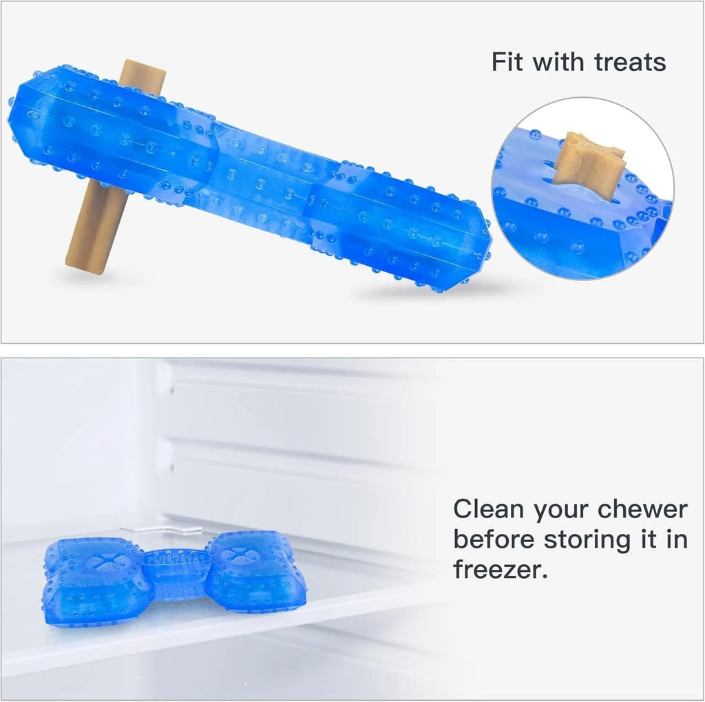 Pet teether cooling chew toy for dogs in Bones shape with blue non-toxic outer layer and water filling
