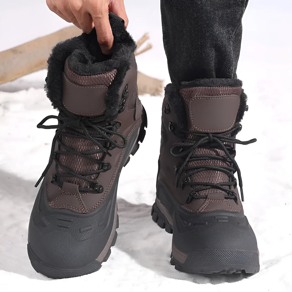 Men's black high-top boots with fleece lining and lace-up front, shown on a ribbed sole.