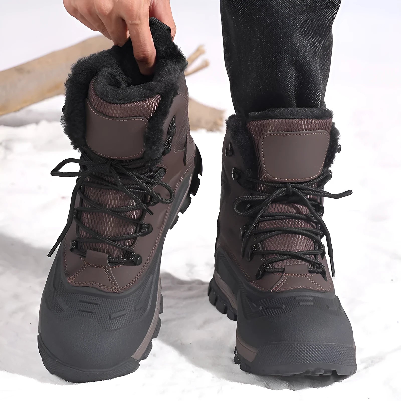 Men's black high-top boots with fleece lining and lace-up front, shown on a ribbed sole.