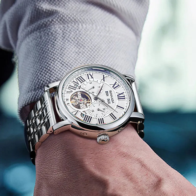 Men's automatic waterproof watch with stainless steel strap in business style, showing black and white colour options