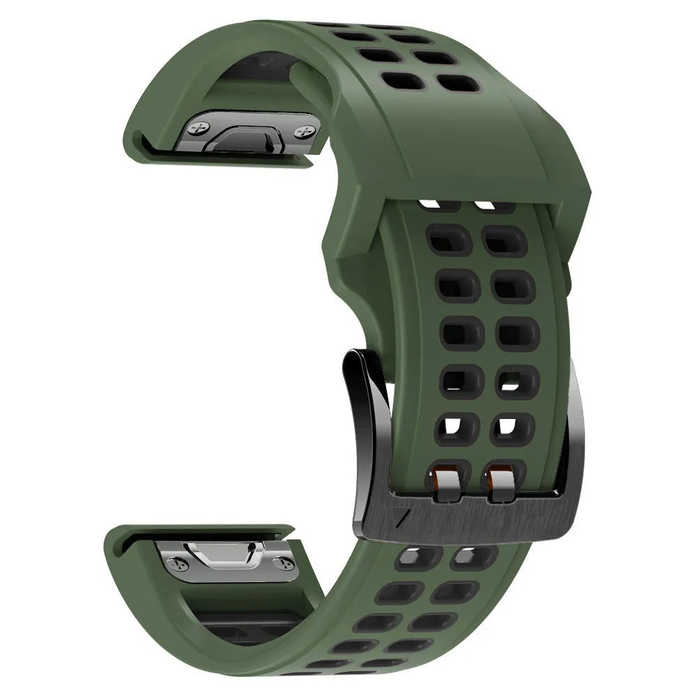 Two-colour quick-release silicone watch strap in black and lime green with pin buckle clasp.