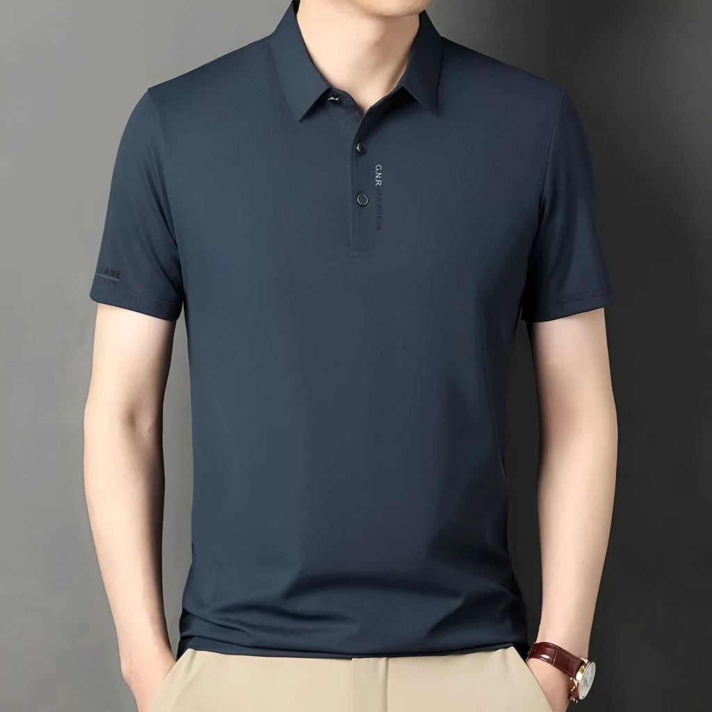Men's waffle short sleeve polo shirt in bean green, loose fit with side slits, on plain background