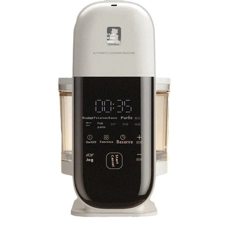 Beige multifunctional baby cooking machine with stewing and stirring functions, 30-200ml capacity, stainless steel construction