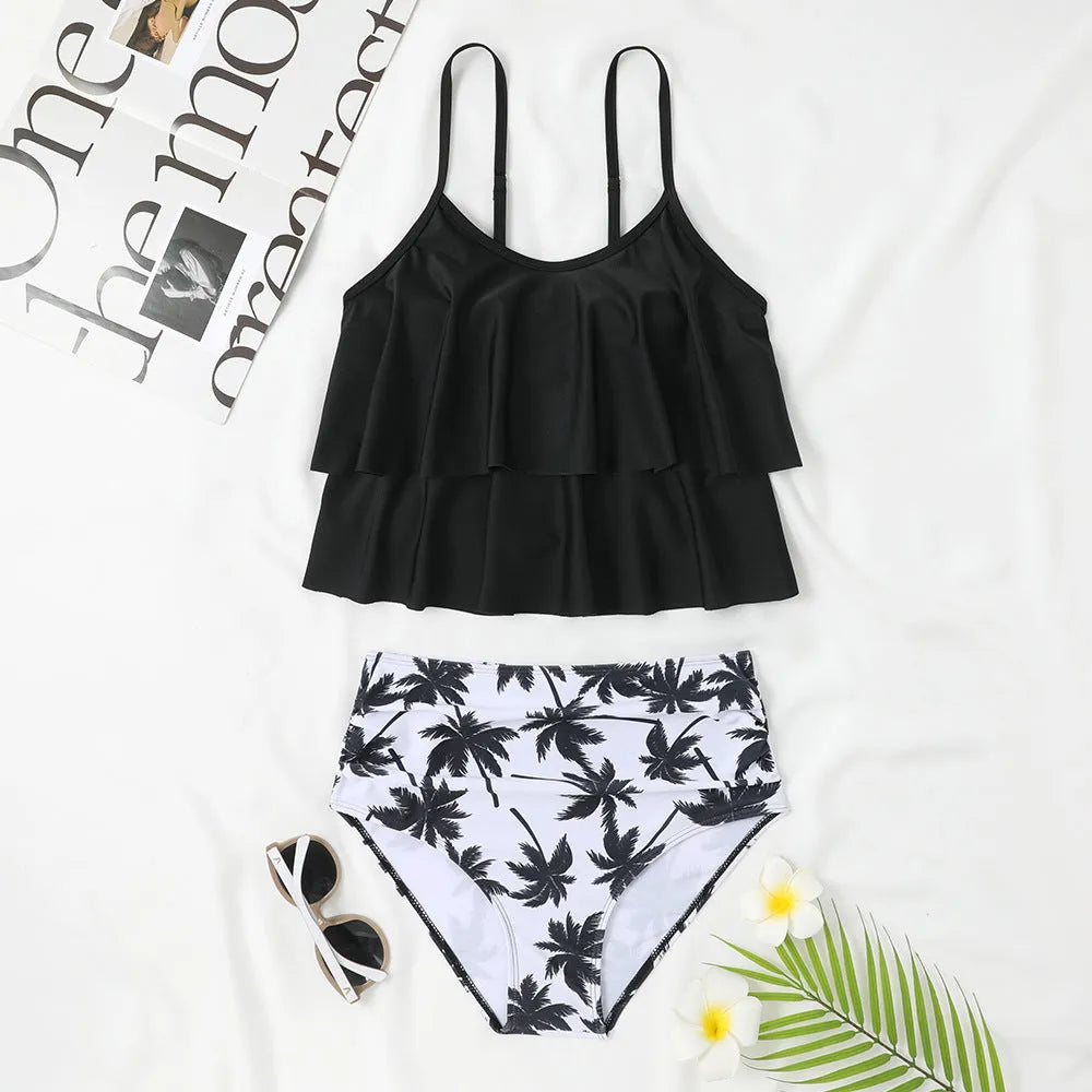 Women's high waist double-layer swimsuit in a black and coconut tree print pattern