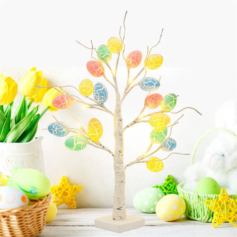 60cm white LED birch tree with black trunk details and warm white cracked egg ornaments on adjustable branches