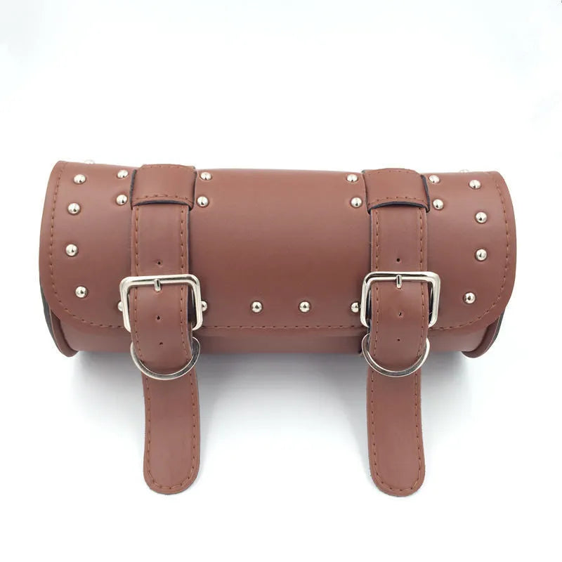 Black PU leather motorcycle bag with tie ropes, size 310x135x135mm, for electric vehicle modification storage