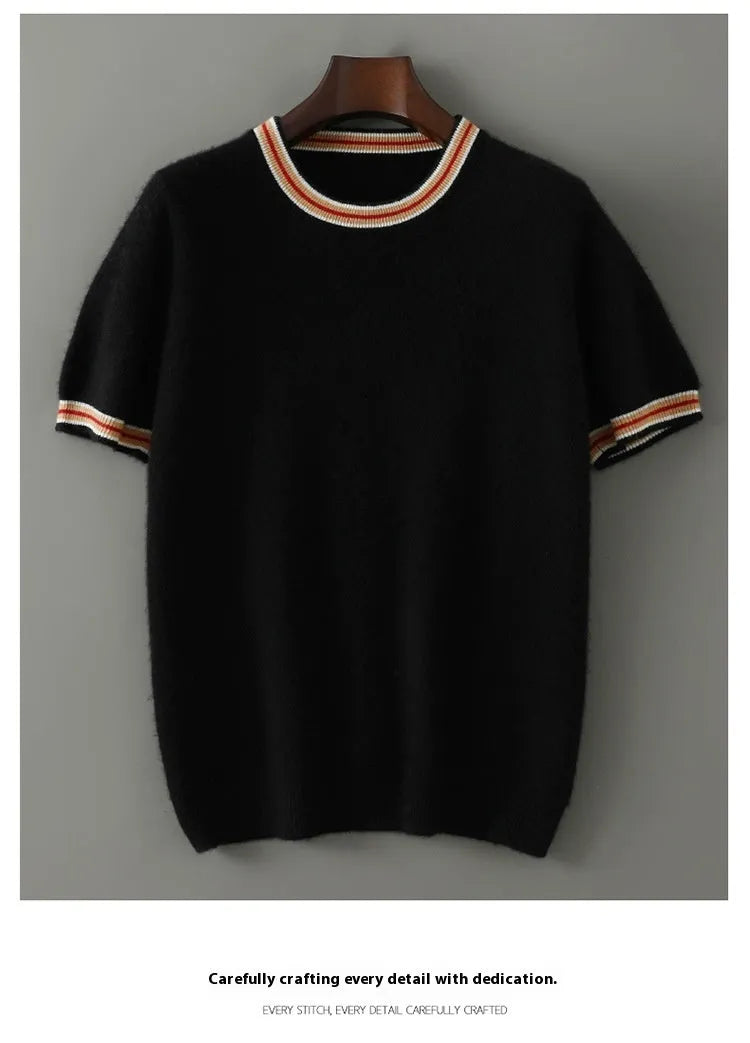 Men's grey pure wool short sleeve round neck sweater on hanger